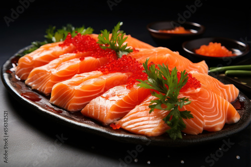 salmon sashimi - japanese food style on black background