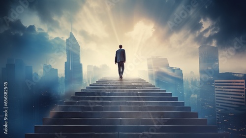 ambitions concept: determined businessman climbing stairs towards success and achievement