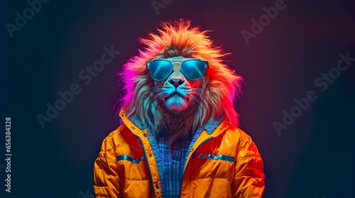 Lion standing, Pose in human clothes wearing orange jacket & shades on a dark background.