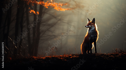 fox silhouette in misty autumn forest landscape wildlife view