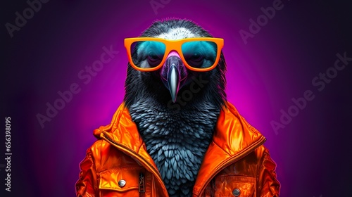 Wild dark colour Hawk in vibrant orange jacket, eyeshades on a purple gradient background.