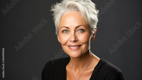 Portrait of beautiful senior woman with grey hair smiling at camera on black background.