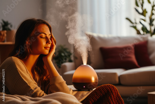 Person resting using essential oil diffuser during autumn cold recovery 