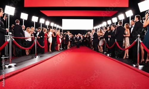 Red carpet rolling out in front of glamorous movie premiere with paparazzi in the background