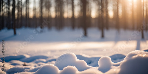 Beautiful snow winter background with warm light in the morning, blurry light and beautiful bokeh