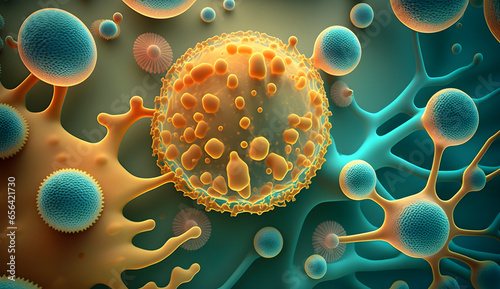 Abstract biology background, microscopic view of organic substance or cells. Candida fungi, Candida albicans, and other human pathogenic yeasts, 3D. Generative Ai.