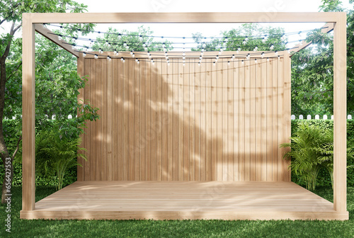 Empty wooden stage in the garden, decorated with fairy lights, prepared for a party, 3d render