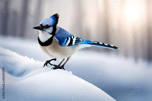 Winter bird blue jay lands on a branch.