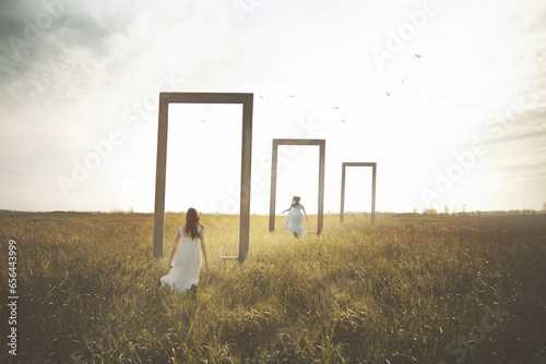 woman imagines herself running through surreal doors in a field, abstract concept