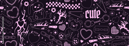 Y2k emo goth seamless banner. Background with old bear and bunny toys, hearts, spikes, tattoo, flame, knife doodles in 2000s style. Black and pink outline glam gothic pattern. Vector design