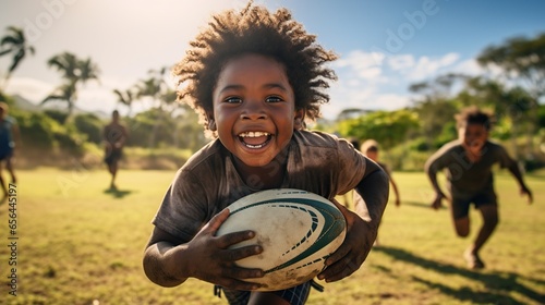 black kid playing rugby and smiling in grass