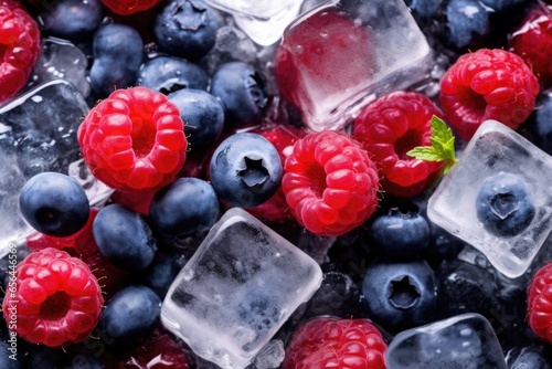 Berries frozen in ice cubes with mint on wooden table background, AI Generated