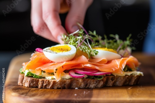 close-up of fingers placing smoked salmon on an open-faced sandwich