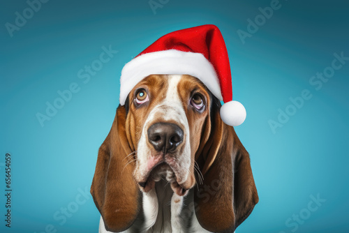 Basset hound dog wearing Santa Claus hat in front of a blue gradient background. Celebrating Christmas concept. Greeting card for Christmas