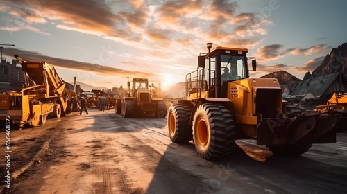 Two heavy wheeled tractor one excavator and other construction machinery in the morning sun