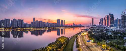 Aerial view of Guangzhou city buildings skyline and natural scenery