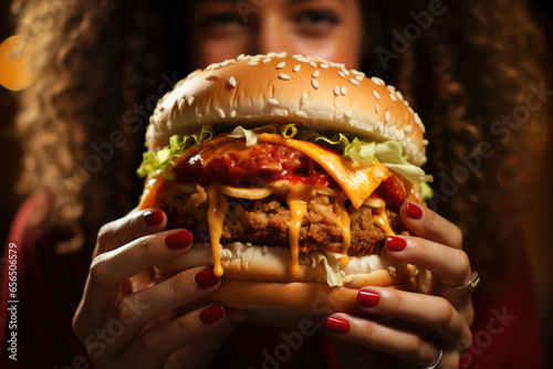 extra hot cheese burger , woman face background 