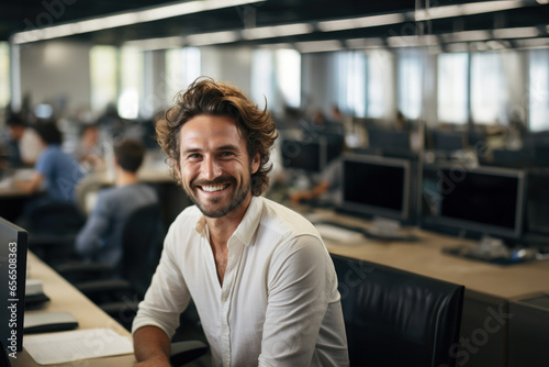 A man smiling at his workplace in a corporate office.