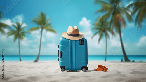 Blue Travel suitcase and hat on topical beach
