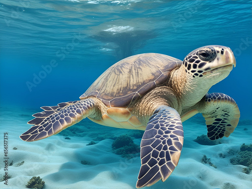 Una tortuga marina nadando profundamente bajo el agua. Vista de frente y de cerca. IA Generativa 