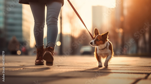 Dog walker walking fast with her pet on leash at street pavement