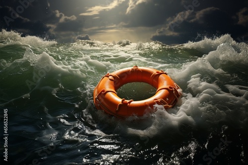 Turbulent sea An orange life buoy floats amid the stormy waves