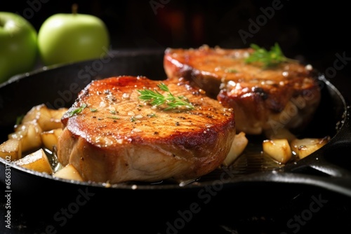 pan-seared pork chops wearing apple sauce sheen under a spotlight