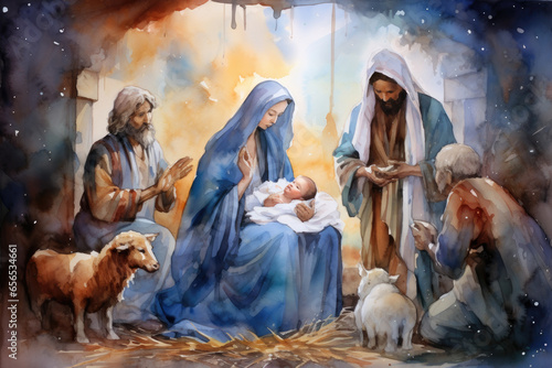 watercolor illustration Christian nativity scene. Virgin Mary, Jesus Christ, Joseph, Star of Bethlehem.For Merry Christmas greeting cards