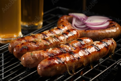 large bratwursts on a grill with beer and onion mix applied