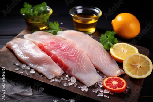 citrus fruit slices on top of raw marinates fish on a dark surface