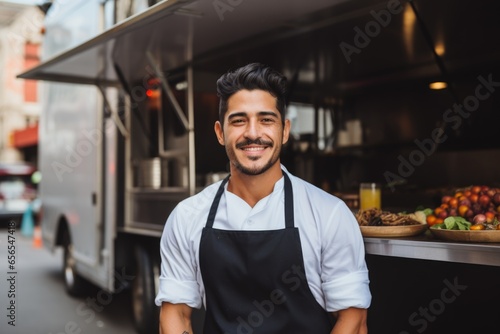 Portrait of a young male food truck worker posing in front of his truck