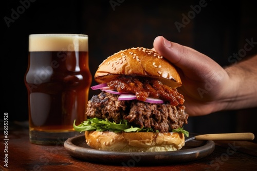 hand holding juicy bbq burger with a pint of beer