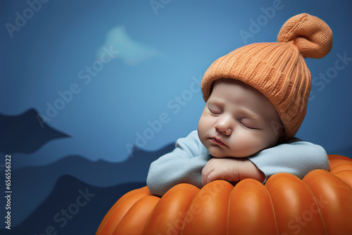 bebe con gorro lana anaranjado durmiendo en el interior de una calabaza de halloween con fondo azul y negro