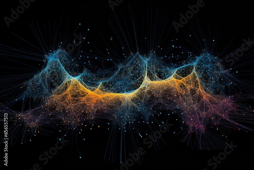 A matrix of pulsing neon threads forming intricate data flow patterns on black background