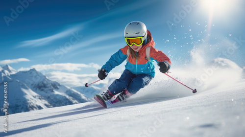 Kid Skier descends a mountain in winter