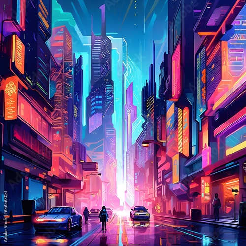 Night city street with neon lights and people, 3d illustration, horizontal
