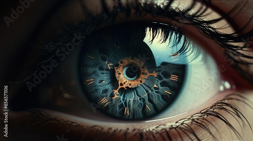 Clock watch timer in female human eye with long eyelashes. Time human age hour future past concept.