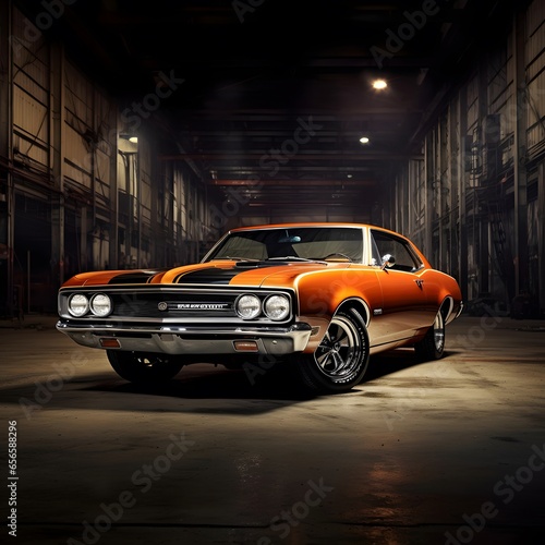 3D rendering of an old american muscle car in a garage