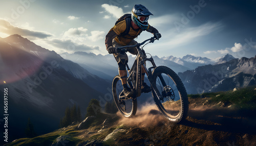A mountain biker rides through field and forest roads. He enjoys the speed and beauty of MTB sport.
