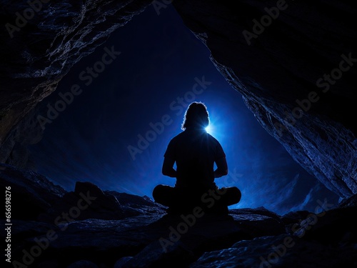 silhouette of a meditating man in a cave