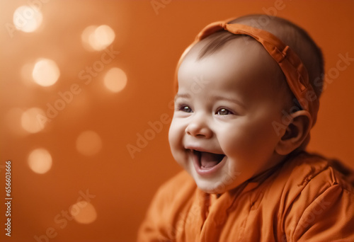 Ritratto di un Bambino in vestiti Arancioni su sfondo bokeh