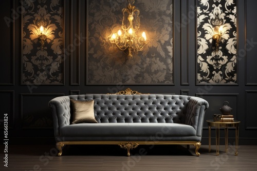 elegant interior room with an antique styled sofa and baroque wallpaper. 