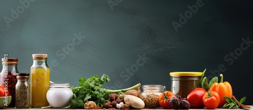 Organic food products arranged on kitchen table with variety with copyspace for text