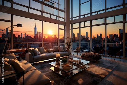 modern living room with panoramic window view of new york city