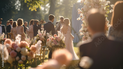 Defocused people at the wedding ceremony. In the foreground there is a decoration of flowers. AI generated.