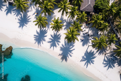 Beach with palm trees and white sand, drone view, top view. AI generated.