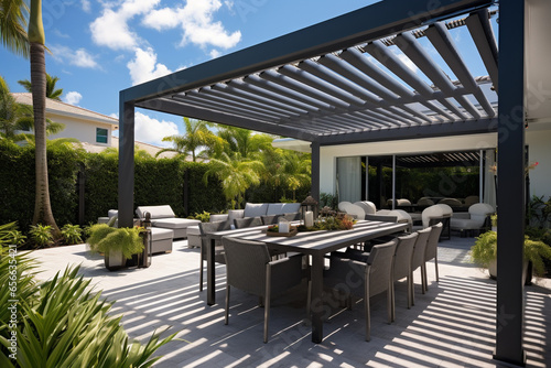 Cozy patio with sofas and a table. Pergola shade over patio.