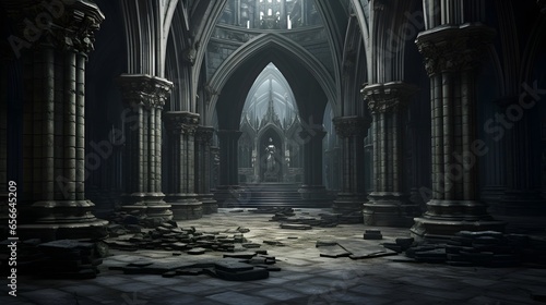 Mysterious gothic cathedral interior. 3d render illustration