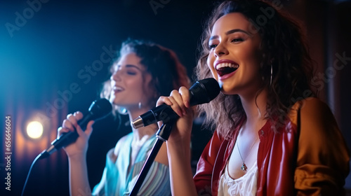 two smiling young student roommates playing karaoke. millennial female friends having fun together singing on streaming multimedia network game. entertainment and people concept