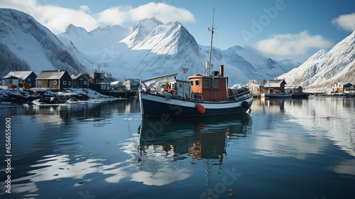 fjord in norway in winter with some wooden buildings and the snowcovered mountiains in the background